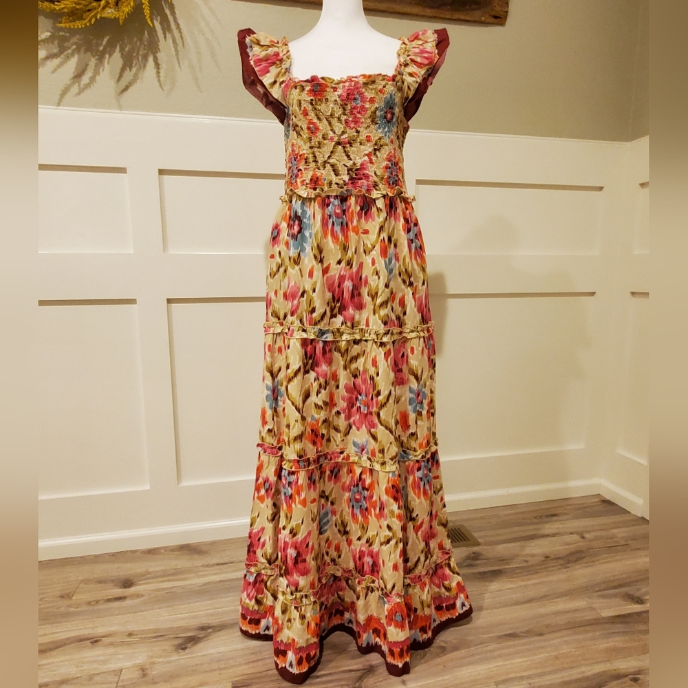 Floral Tiered Maxi Dress in Cream and Pink